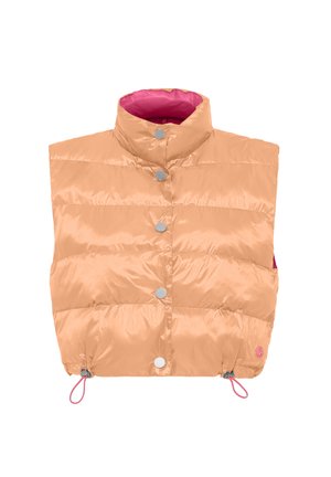 Padded vest in light peach, featuring a high collar, silver snap buttons, pink interior lining, and drawstring adjustments at the hem.