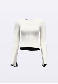 Witte crop top met lange mouwen en een ronde halslijn, met zwarte accenten bij de boorden en een gladde, rekbare textuur.