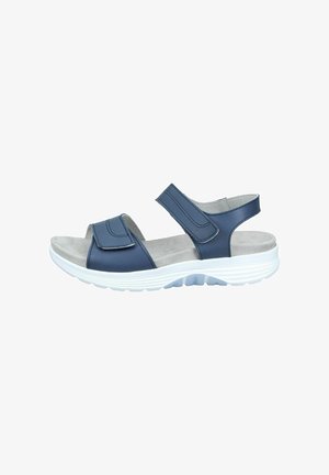 Navy blue open-toe sandal with two adjustable straps and a white cushioned sole for comfort and support.