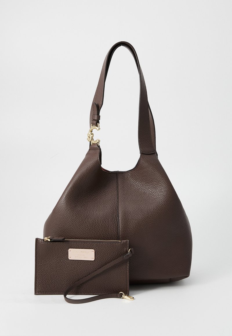 Brown leather hobo bag with a textured finish and a shoulder strap. Includes a matching small wallet with a gold zipper and label.