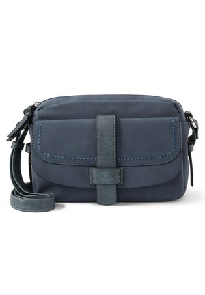 Petit sac bandoulière en cuir bleu marine avec poche avant à rabat, détails cousus et bandoulière réglable.