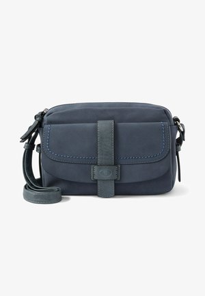 Bolso bandolera pequeño de cuero azul marino con bolsillo frontal con solapa, detalles cosidos y correa de hombro ajustable.
