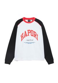 Sweat-shirt blanc avec manches longues noires, col rouge, et "HAPORI" en grandes lettres rouges sur le devant avec un texte plus petit en dessous.