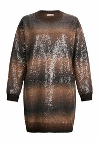 Robe pull à manches longues tricotée dégradée marron et noir avec des détails en sequins argentés formant des motifs verticaux à l'avant et sur les manches.