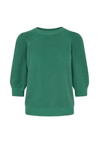 Pull vert en maille avec manches bouffantes trois-quarts et encolure ronde, présenté sur fond blanc.