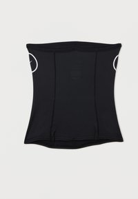 Melns bezsiksna cauruļveida tops ar izliektiem šuvēm un baltām apļveida logotipa detaļām sānos, izliekts uz baltas fona.