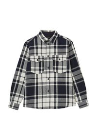 Camicia di flanella a quadri blu navy e bianco. Presenta maniche lunghe, chiusura con bottoni e due tasche sul petto con pattine. Tessuto testurizzato.
