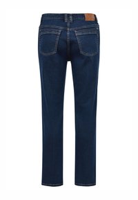 Dark blue denim jeans with a straight leg design, five pockets, and a tan leather patch at the back waistband. Stitched detailing on pockets.