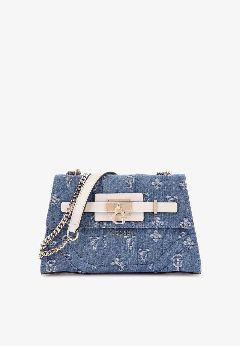 Borsa a tracolla in denim con catena argento e dettagli in pelle bianca. Presenta un logo e un motivo floreale ricamato nel tessuto.