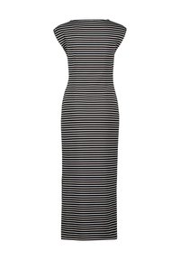 Schwarz-weiß gestreiftes Maxikleid; figurbetontes Design, kurzärmlig, lange Länge, glatte Textur, seitliche Schlitze für Bewegungsfreiheit.