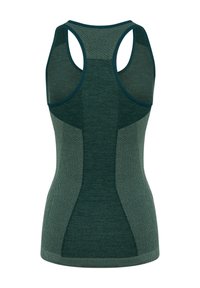 Zielony sportowy tank top z wycięciem na plecach, charakteryzujący się różnymi teksturami i dopasowanym krojem. Szwy podkreślają kształt i zapewniają wsparcie.