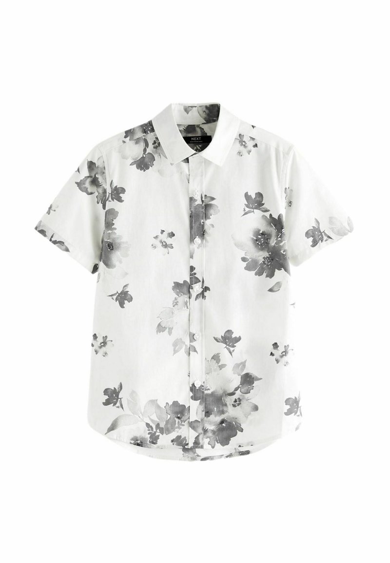 Kurzärmliges Hemd in Weiß mit einem grauen Blumenmuster, aus leichtem Stoff gefertigt. Verfügt über einen klassischen Kragen und einen abgerundeten Saum.