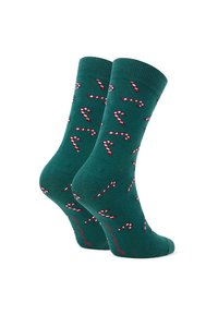 Zielone skarpetki z wzorem w paski jak cukrowa laska w czerwonym i białym kolorze. Żebrowany mankiet, miękka tkanina, długość do połowy łydki oraz wzmocniony projekt pięty.