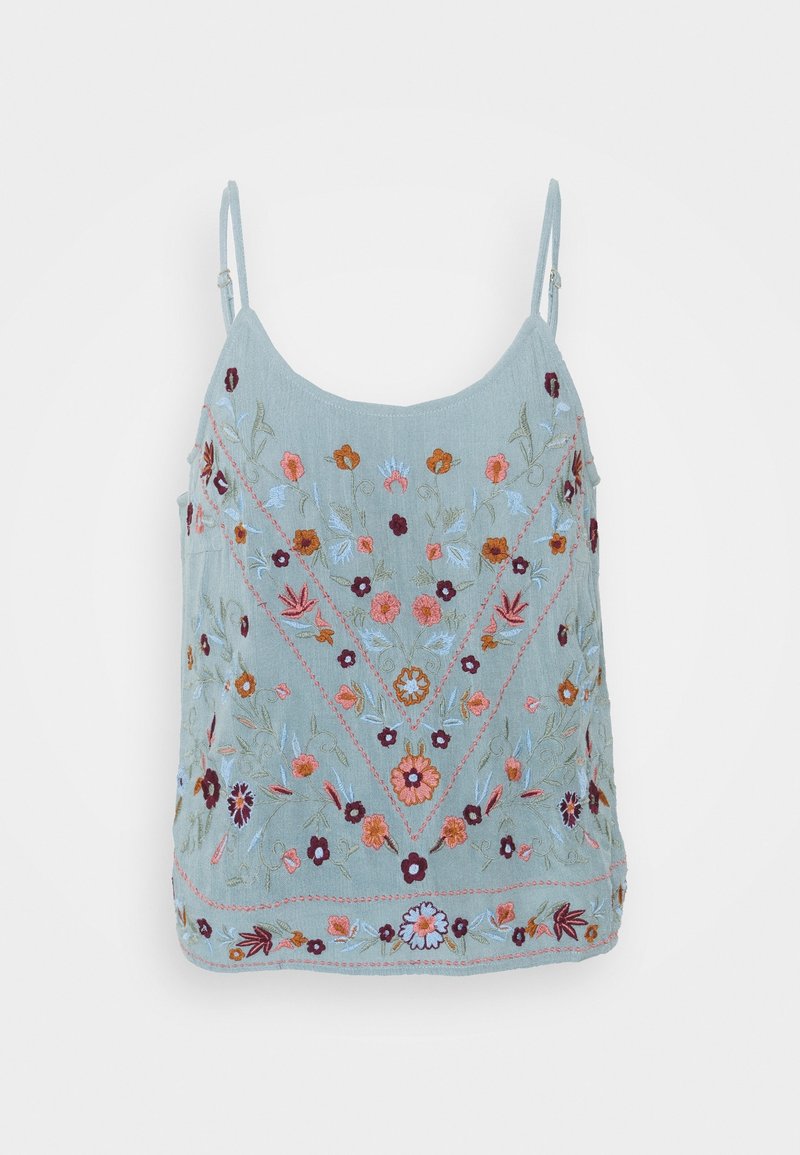 Ljusblå broderad tanktop med blommönster i olika färger, justerbara axelband och en texturerad tyg. V-ringning och intrikata mönster.