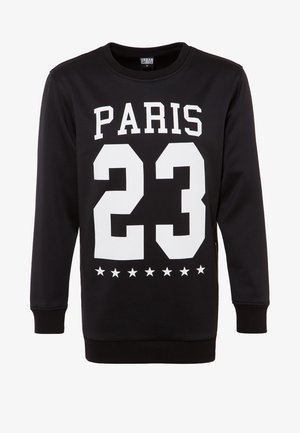 Sweat-shirt noir à manches longues avec texte blanc "PARIS" au-dessus du grand numéro "23" et une rangée de sept étoiles blanches sous le numéro.