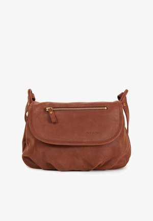 Brown leather crossbody bag with a rounded bottom, flap closure, gold-tone zipper pocket, and embossed logo on the front.