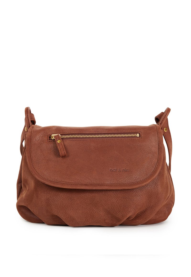 Brown leather crossbody bag with a rounded bottom, flap closure, gold-tone zipper pocket, and embossed logo on the front.