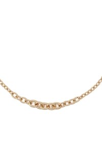 Collier chaîne de couleur or avec des maillons ovales et une texture lisse, présentant un design simple et une fermeture à fermoir standard.