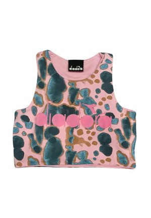 Top corto rosa con macchie astratte blu e marroni e il logo "diadora" rosa intenso sul davanti, senza maniche e con scollo rotondo.