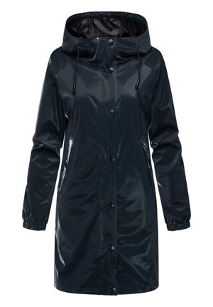 Marine vanntett regnfrakk med hette, trykknappslukking foran, elastiske mansjetter og sidelommer, med en blank finish og justerbar snor.
