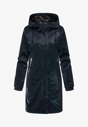 Mornarska vodoodporna dežna jakna s kapuco, sponkastim zapiranjem spredaj, elastičnimi manžetami in stranskimi žepi, ki se ponaša z sijočim zaključkom in prilagodljivo vrvico.