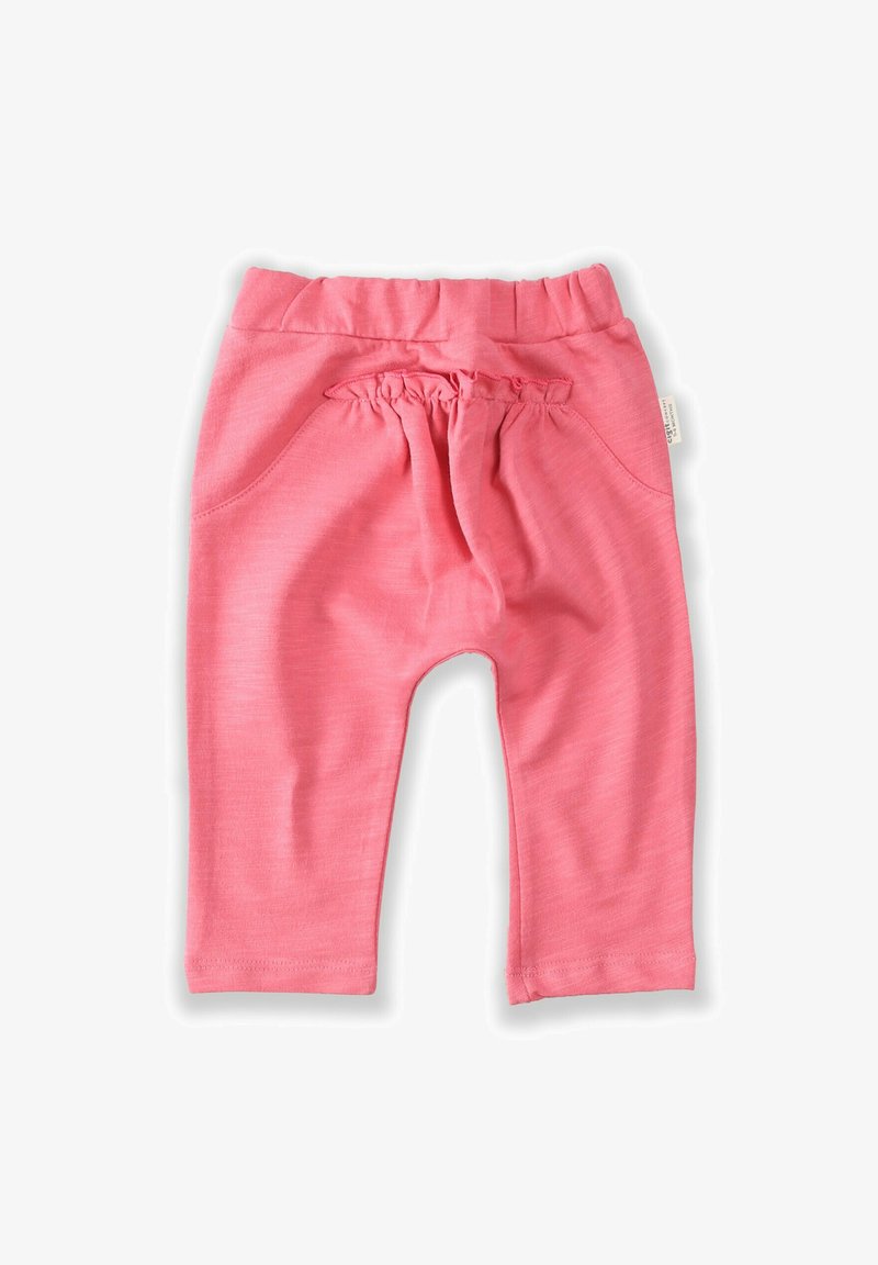 Rožu kokvilnas bērnu bikses ar savāktu jostu, divām sānu kabatām un nedaudz teksturētu audumu. Apgriezta garuma ar šūtajām apakšmalām.