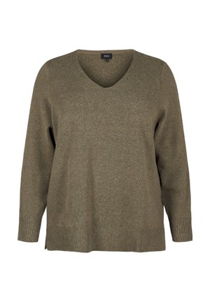 Oliwkowy sweter dzianinowy z dekoltem w serek, długimi rękawami i ściągaczami. Charakteryzuje się lekko luźnym krojem i bocznymi rozcięciami u dołu.