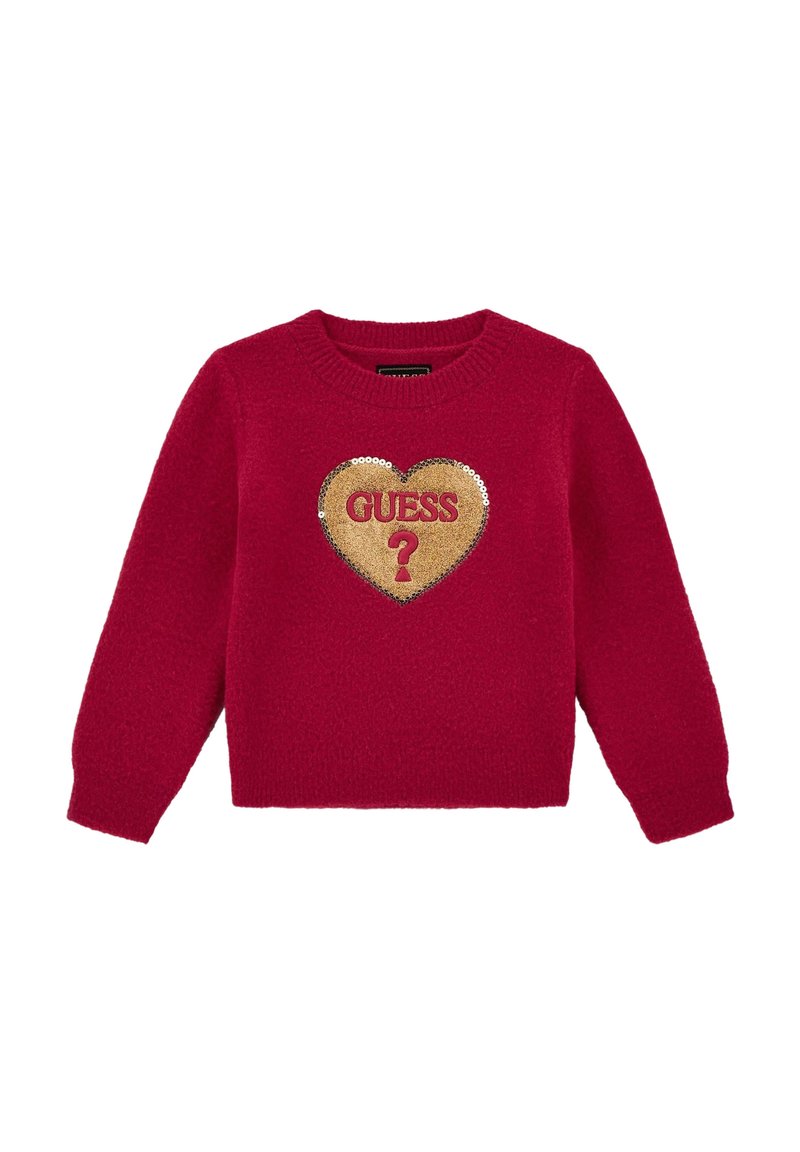 Maglione lavorato a maglia rosso con un cuore dorato su cui è scritto "GUESS?" in lettere rosse, decorato con pailettes, colletto rotondo e maniche lunghe.