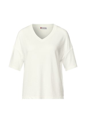 T-shirt blanc à manches courtes en V, fabriqué en tissu doux, présentant une coupe décontractée et un design minimaliste, sans motifs ou accents visibles.