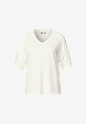 Witte kraagloze T-shirt met korte mouwen van zacht materiaal, met een ontspannen pasvorm en minimalistisch ontwerp, zonder zichtbare patronen of accenten.