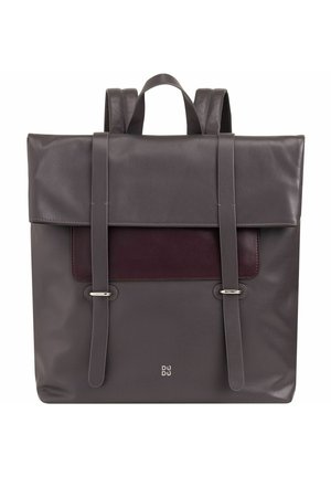 Gray leather backpack with a flap, featuring a maroon accent panel, adjustable straps, and silver hardware. Small logo on the bottom.