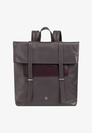 Gray leather backpack with a flap, featuring a maroon accent panel, adjustable straps, and silver hardware. Small logo on the bottom.