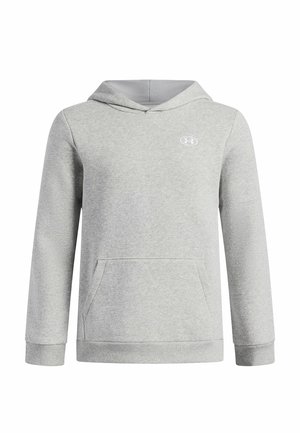 Lichtgrijze hoodie met lange mouwen, een voorkangoeroezak en een klein wit logo op de bovenborst.