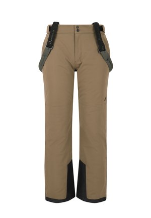 Beige outdoor pants with adjustable black suspenders, zippered pockets, reinforced black hem, and a straight-leg design.