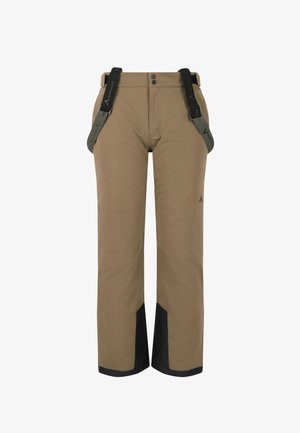 Beige outdoor pants with adjustable black suspenders, zippered pockets, reinforced black hem, and a straight-leg design.