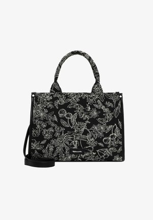 Sac à main noir avec des croquis blancs de fleurs et de fruits, deux poignées courtes et une bandoulière amovible, forme rectangulaire.