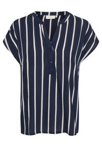 Blouse bleu marine à manches courtes avec des rayures verticales blanches, dotée d'une patte de boutonnage et d'une coupe décontractée. Tissu lisse et léger.