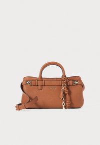 Brown textured leather handbag with dual handles, detachable strap, gold-tone hardware, and a keychain accent. Features logo on the front.