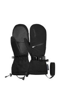 Black mittens made of softshell material with leather palm. Features adjustable wrist straps and elastic cuffs for secure fit.