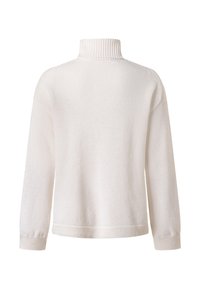 Maglione bianco lavorato a maglia con collo alto a coste, maniche lunghe e vestibilità comoda. Texture liscia con orlo e polsini a coste.