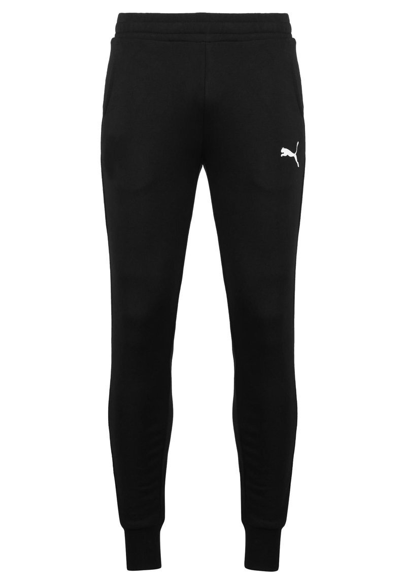 Black jogger pants made of soft fabric with a tapered design, elastic waistband, and white logo on the left thigh. Features side pockets.