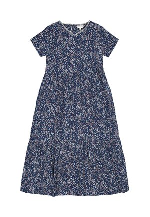 Marineblaues Kurzarmkleid mit V-Ausschnitt, Stufensaum und kleinem, weißem, rosa- und rotfarbenem Blumenmuster.