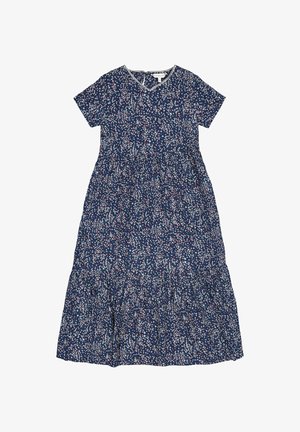 Marineblå kjole med korte ærmer, V-hals, lagdelt skørt og mønster med små hvide, lyserøde og røde blomster.