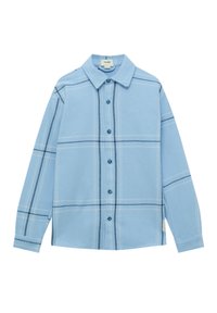 Camicia a quadri blu con bottoni, realizzata in tessuto morbido. Presenta un colletto classico, maniche lunghe, bottoni blu e un motivo a check bianco e blu navy in contrasto.