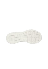 Suela de zapato de goma blanca con un patrón de agarre texturizado, que presenta un diseño en cuadrícula y el nombre de la marca en relieve para mayor tracción y durabilidad.
