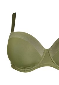 Olijfgroene beha van soepel materiaal, met gestructureerde cups en verstelbare bandjes. Heeft een naadloos ontwerp en een subtiele glans in het bovenste gedeelte.