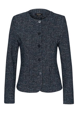 Dark blue textured women's blazer with round neckline and five black front buttons, fitted waist, and long sleeves.
