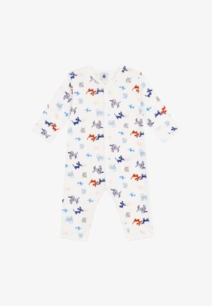 Weißer Babystrampler mit Druckknöpfen, der mit bunten Hundillustrationen in Blau, Rot, Grau und Beige übersät ist.