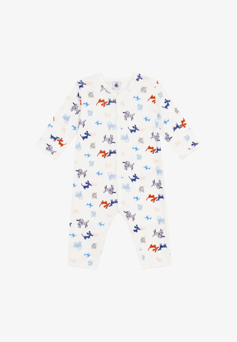 Un body blanc pour bébé avec des boutons-pression, orné d'illustrations colorées de chiens en bleu, rouge, gris et beige dispersées partout.