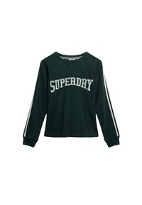 Grüner, gerippter Sweatshirt mit weißem "SUPERDRY"-Logo, Raglanärmel und zwei weißen Streifen an jedem Arm. Rundhalsausschnitt, lässige Passform.